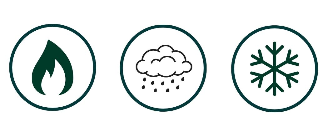 Icônes chaleur, pluie et neige montrant que la caméra de chasse 4G supporte les conditions météo extrêmes