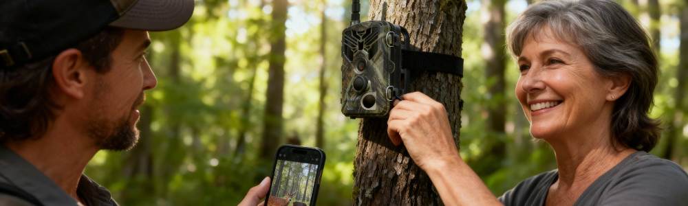 Caméra de chasse 4G installée sur un arbre dans la forêt
