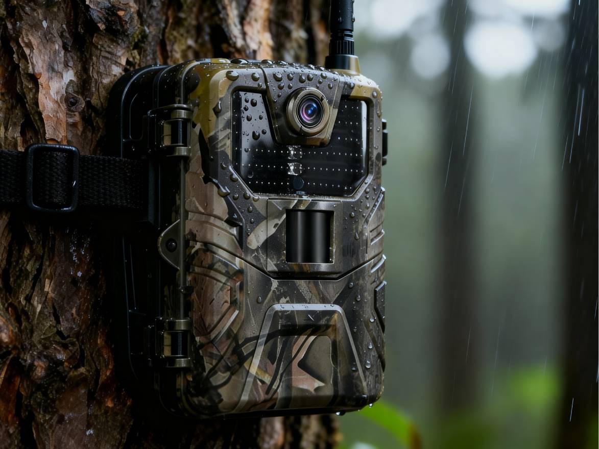 Caméra de chasse 4G fixée à un arbre sous la pluie pour la surveillance extérieure par tous les temps