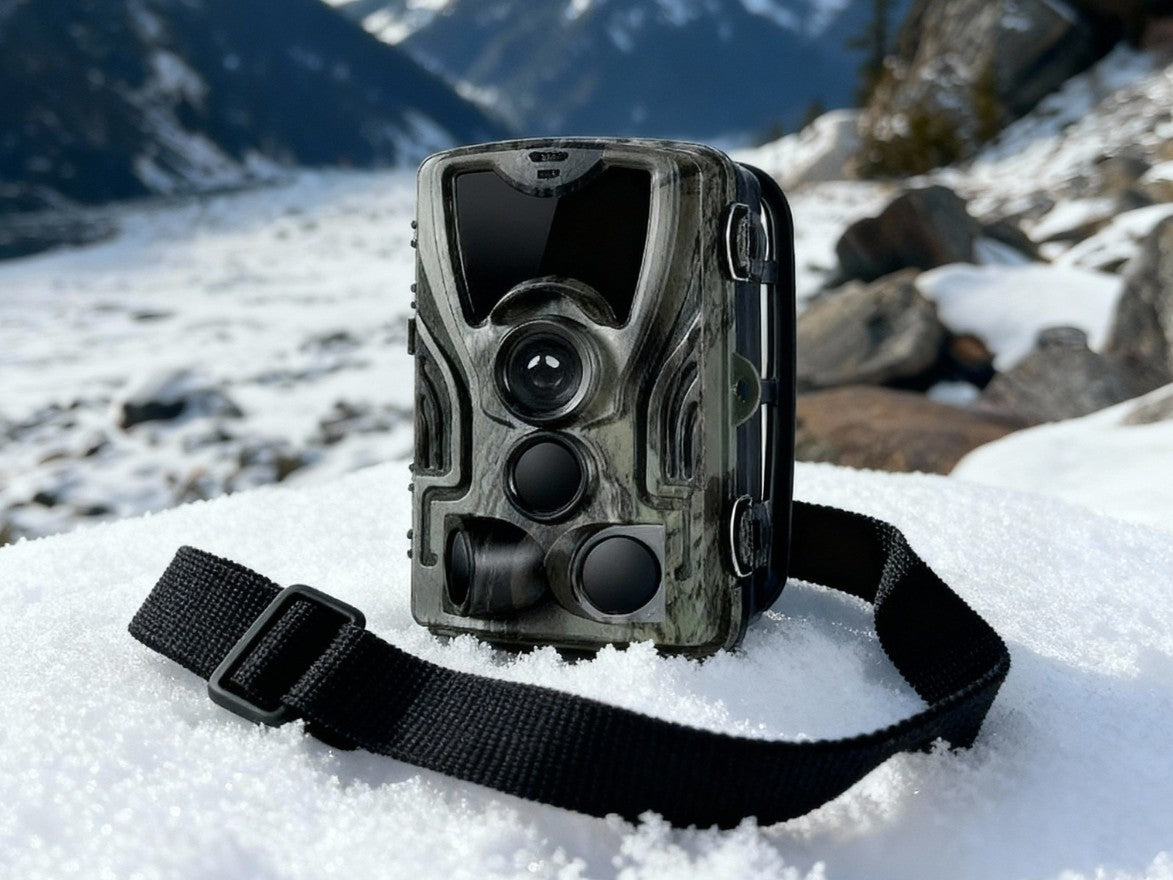 Caméra de chasse 4K avec écran posée dans la neige en montagne prouvant sa fiabilité en hiver