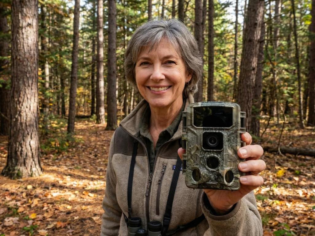 Caméra de chasse 4K avec écran attachée à un arbre sous la pluie démontrant sa résistance aux intempéries