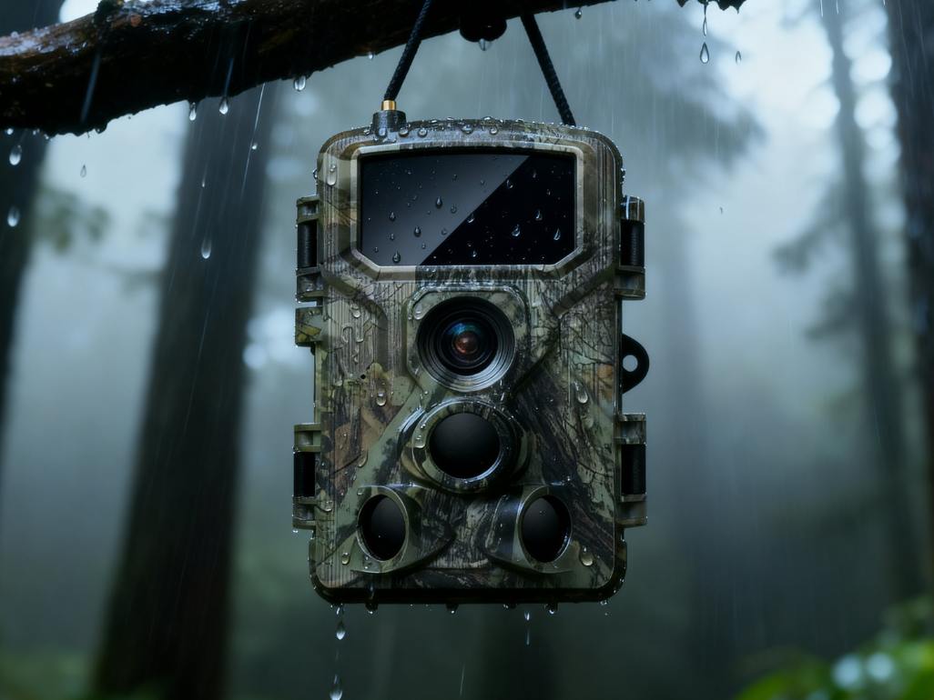 Caméra de chasse 4K avec écran attachée à un arbre sous la pluie démontrant sa résistance aux intempéries
