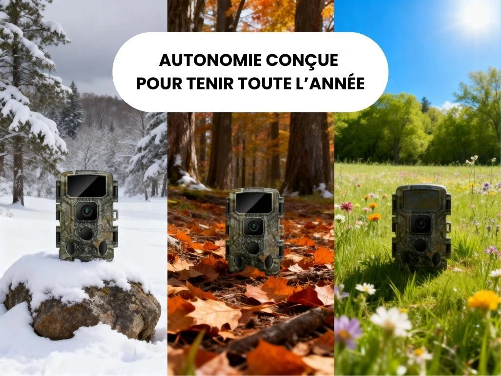 Caméra de chasse 4K avec écran posée dans la neige en montagne prouvant sa fiabilité en hiver