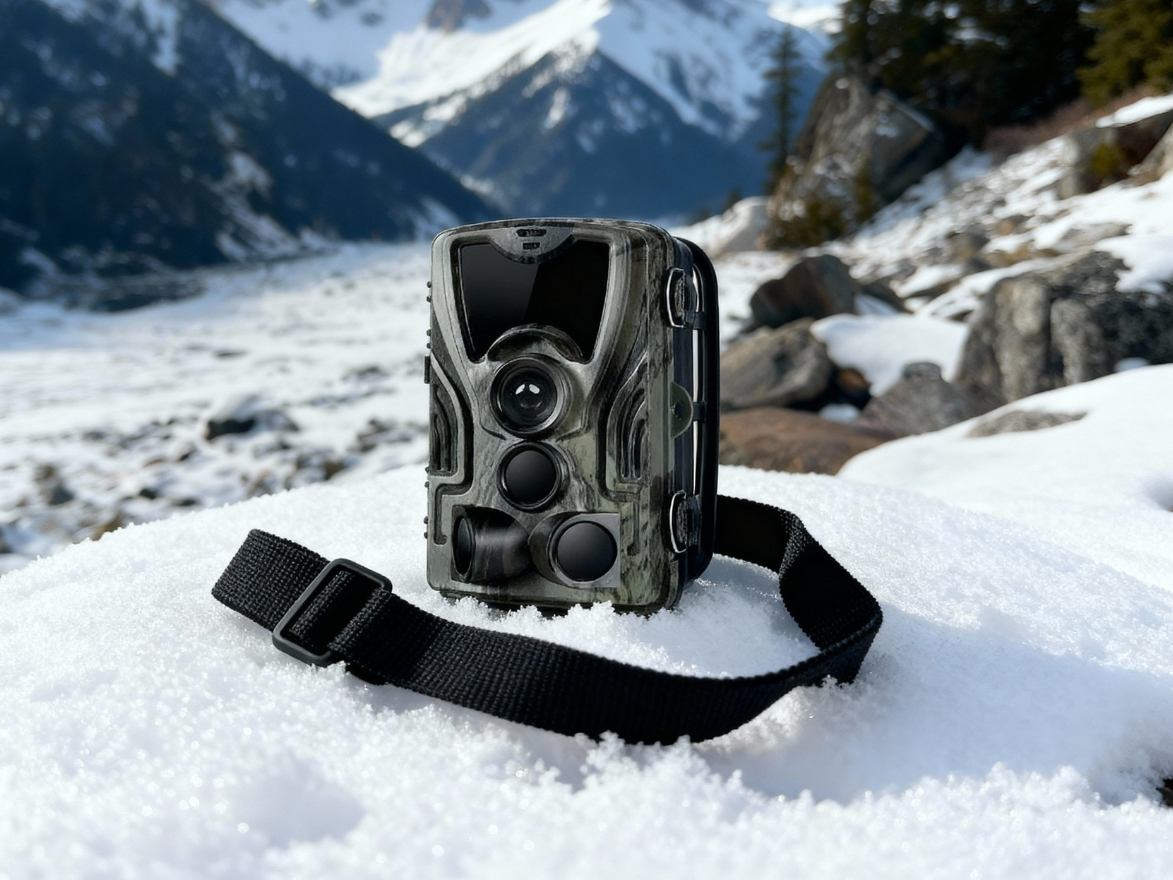 Caméra de chasse 4G posée dans la neige en montagne montrant sa résistance au froid extrême