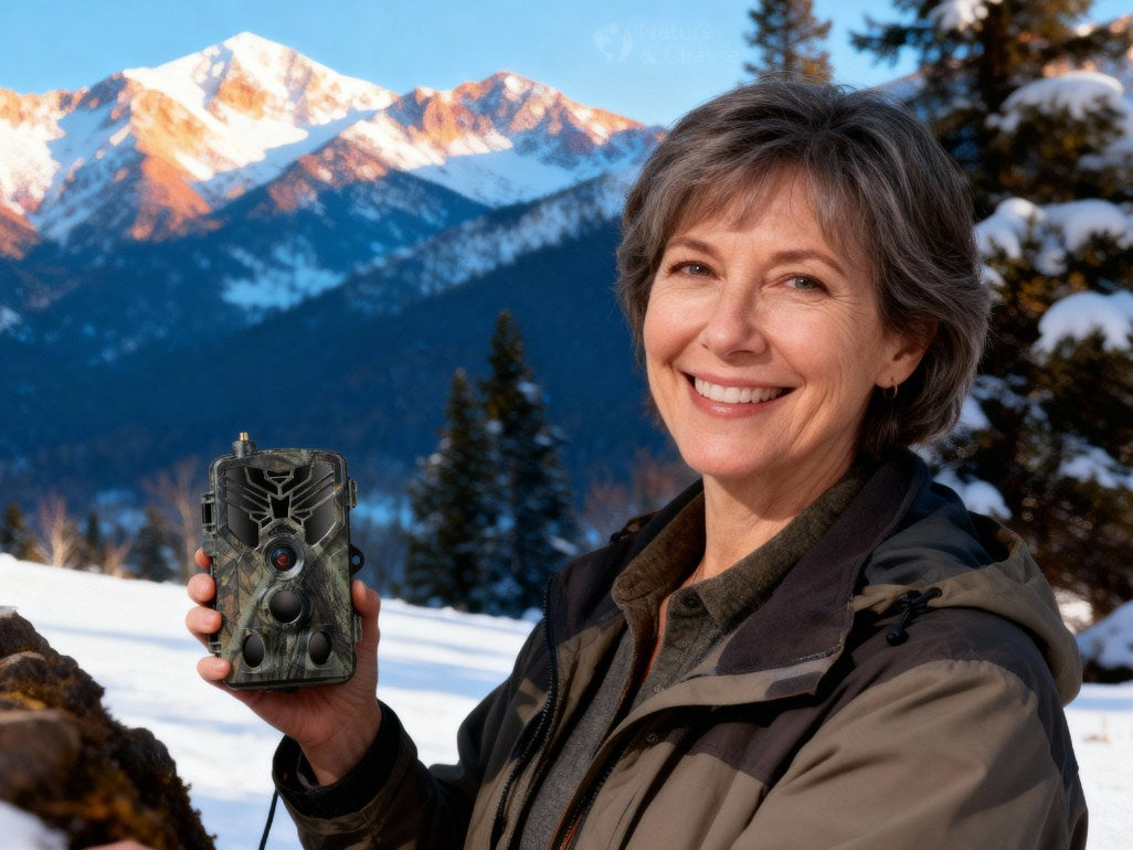 Caméra de chasse 4K avec écran attachée à un arbre sous la pluie démontrant sa résistance aux intempéries