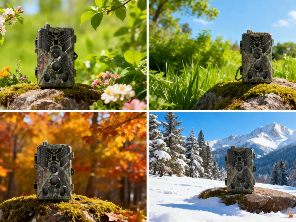 Caméra de chasse 4K avec écran posée dans la neige en montagne prouvant sa fiabilité en hiver